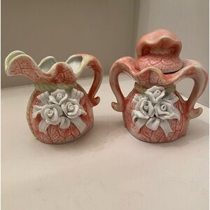 Vintage Porcelain Creamer and Sugar with Lid in Pink with White Roses on Front